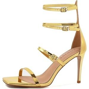 Comjuy Womens Size 7 Shiny Gold Strappy 3.5" High Heels Open Toe Wedding Shoes